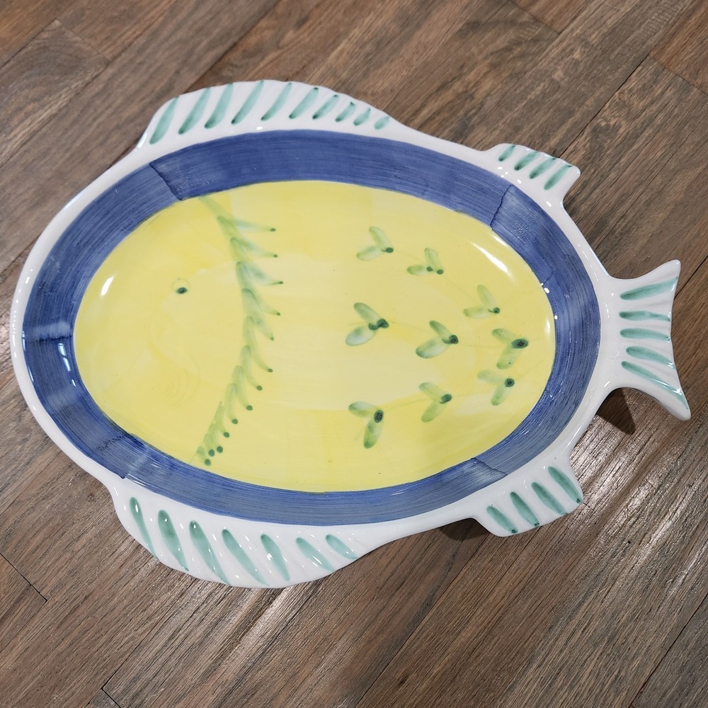 Caleca Greco Hand Painted Italy Fish Shaped Server Platter Marina Yellow Blue